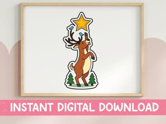 Reindeer Placing Star Tree Sticker for Graphics & T-Shirt Designs